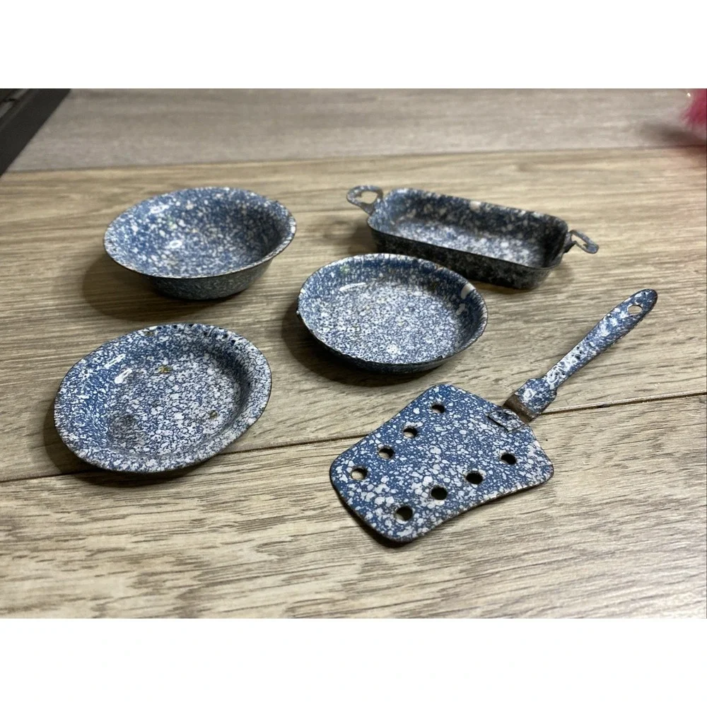 Antique‎ German Doll Kitchen Pans Rare Blue Speckled Granite Ware Bing Marklin
